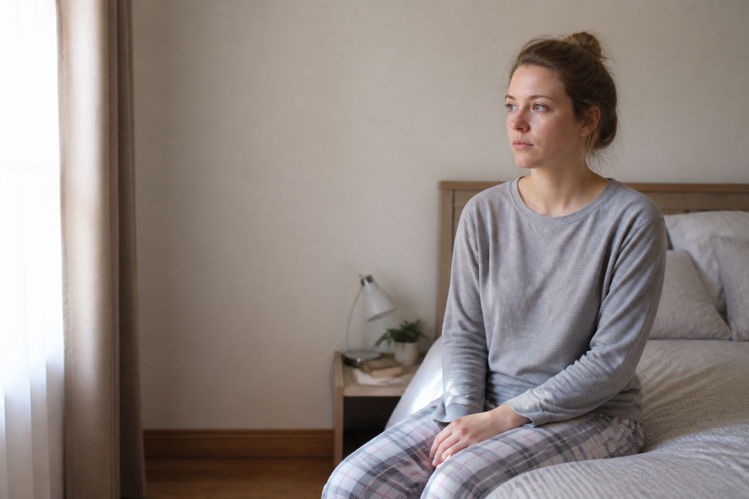 Pensive, calm woman — not sad, not crying