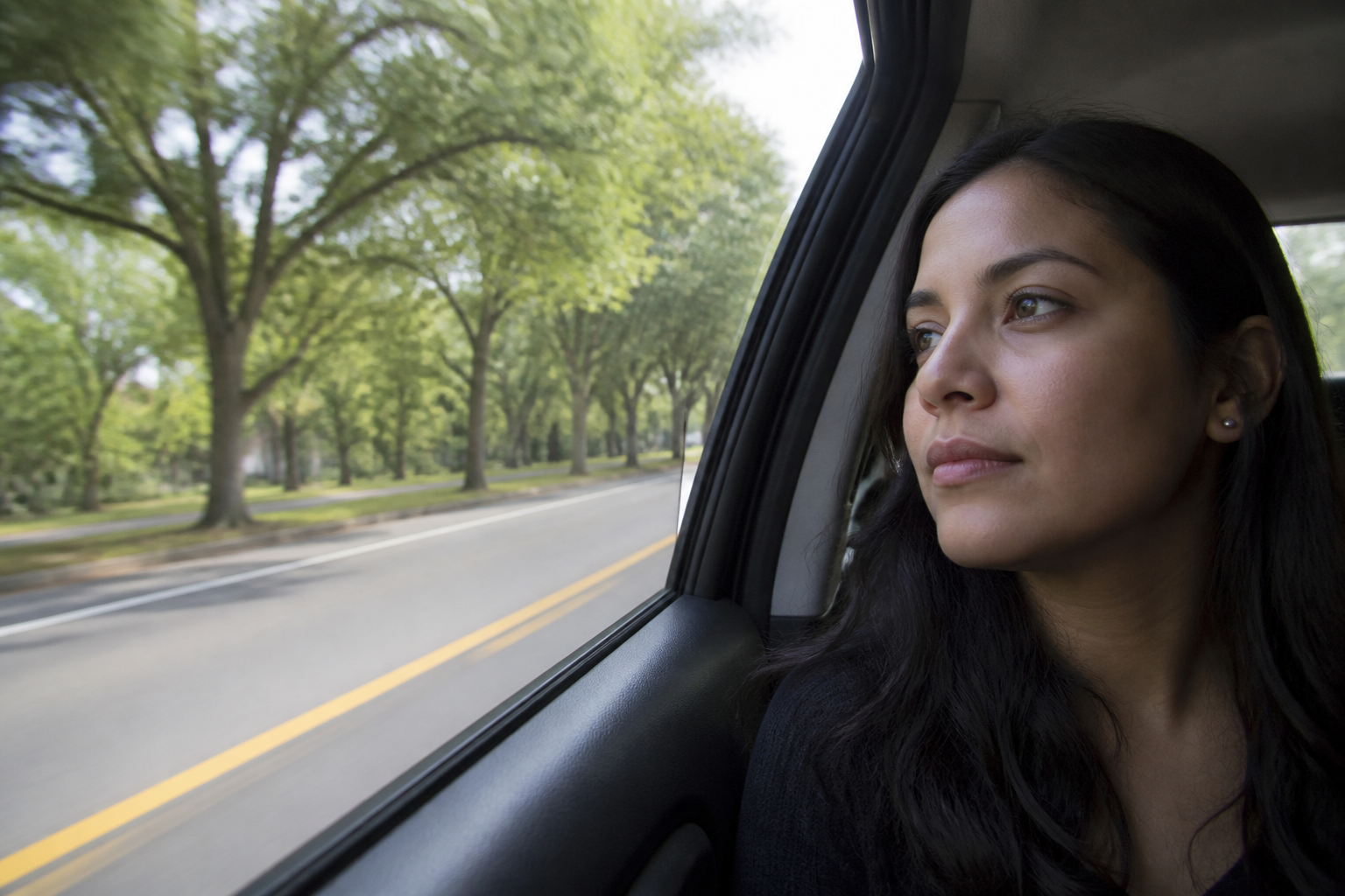 Pensive, calm woman — not sad, not crying