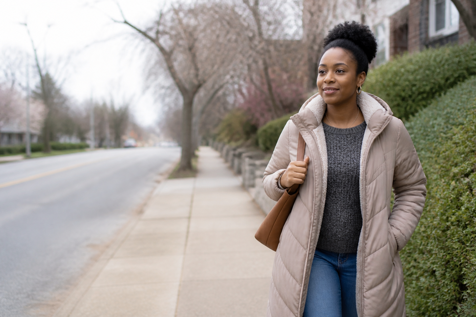 Pensive, calm woman — not sad, not crying